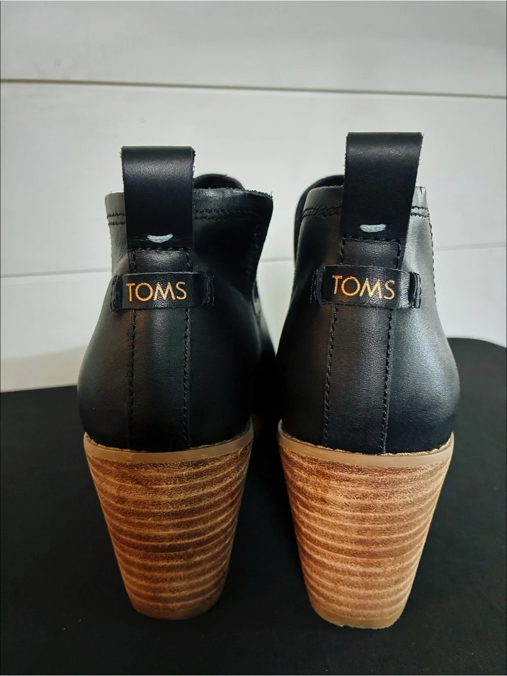 TOMS Kallie Black Leather Cutout Stacked Wedge Ankle Boots